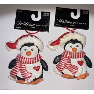 Set Of 2 Penguins with Scarfs Christmas Ornaments Dough Art Polymer Clay 4"